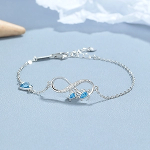Bracelet tortue infini en argent 925 avec cristaux bleus et breloque en cœur