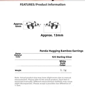 Specifiche dettagliate degli orecchini a forma di panda in argento 925 con dimensioni e peso