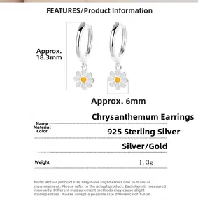 Macro detail of 925 sterling silver daisy earrings with product dimensions and size specs