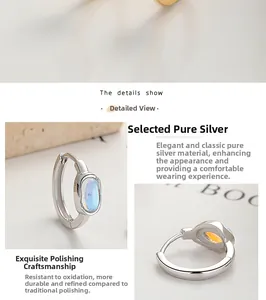 Detail showing polished 925 silver hoop earrings with oval iridescent moonstone gems