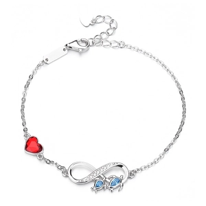 Bracelet infini en argent 925 avec zircon cœur rouge et pendentifs tortue pour femme
