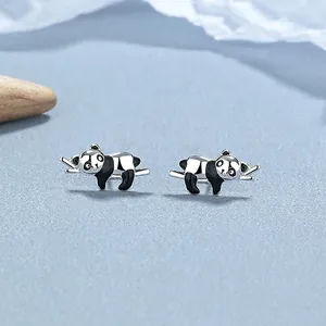Orecchini a Bottone in Argento Sterling 925 Simpatico Panda Che Abbraccia il Bambù per Donna Ragazze Smalto Bianco Nero Gioielli