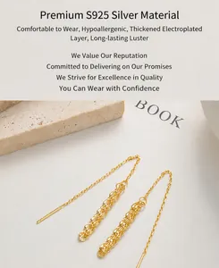 Detail of gold-plated 925 silver long fringe tassel earrings with layered chain design