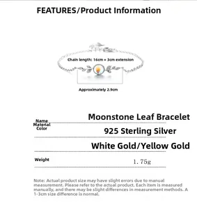 Detail of 925 sterling silver leaf bracelet showing the moonstone and adjustable chain