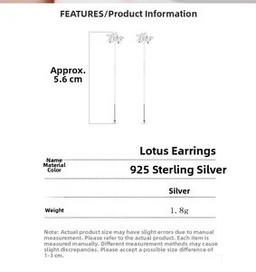 Détail de boucles d'oreilles lotus en argent sterling 925 avec dimensions et poids