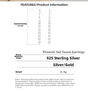 Detailed technical diagram of 925 sterling silver tassel earrings showing 4.6cm length