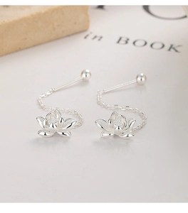 Détail des boucles d'oreilles pendantes lotus en argent 925 sur un support en pierre