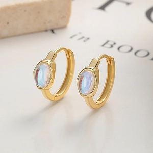 925 Sterling silver hoop earrings with oval rainbow moonstones in gold finish