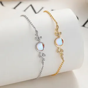 925 Sterling Silver Moonstone Leaf Bracelet For Women Sweet Elegant Foliage Adjustable Platinum Gold Plated Fashion Jewelry