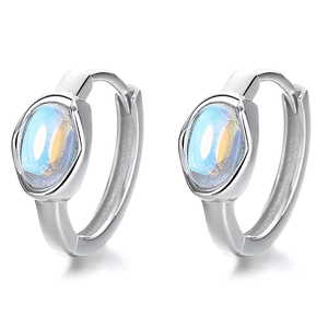 Elegant 925 sterling silver hoop earrings with iridescent oval moonstone gemstones