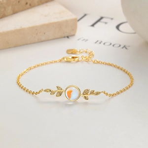 Elegant 925 sterling silver gold leaf bracelet with round moonstone for women