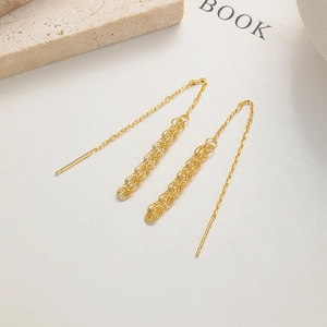 Elegant 925 sterling silver gold-plated long tassel drop earrings with woven design