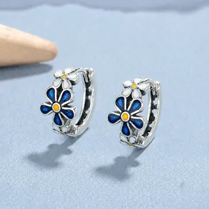 Créoles en argent Thaï vintage avec fleurs en émail bleu et blanc et finition rétro