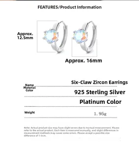 Detailed size specifications of 925 silver six-prong olive zircon hoop earrings