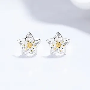 Detailed view of 925 sterling silver flower stud earrings with gold stamen accents