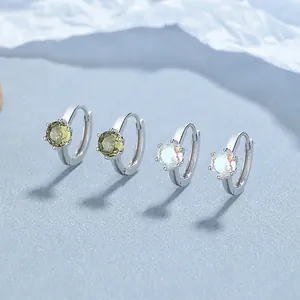 925 Sterling Silver Six-Claw Zirconia Hoop Earrings For Women Fashion Iridescent Olive Green Zircon Ear Clips Jewelry