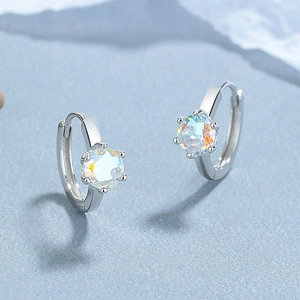 925 Sterling Silver Six-Prong Hoop Earrings with Iridescent Aurora Zirconia Gemstones