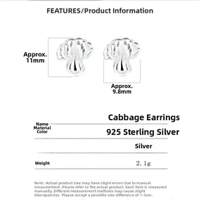 Macro view of 925 silver cabbage stud earrings showing size 11mm by 9.8mm and 2.1g weight