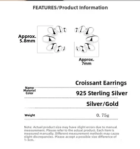 Paramètres de taille détaillés des boucles d'oreilles croissant en argent sterling 925