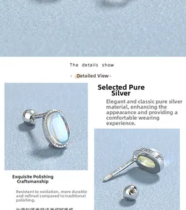 Detailed view of S925 sterling silver stamp and polished oval moonstone stud earring