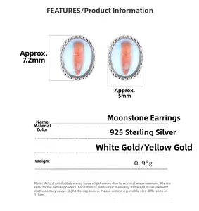 Detail specifications of 925 sterling silver oval moonstone stud earrings with dimensions