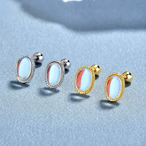 925 Sterling Silver Oval Moonstone Stud Earrings For Women Fashion Minimalist Threaded Screw Back Hypoallergenic Ear Piercing Jewelry