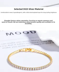 Detailed close-up of S925 sterling silver gold plated tennis bracelet with white zircons