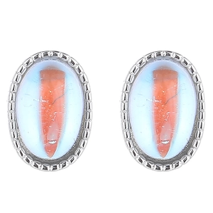 Sterling silver moonstone stud earrings with blue transparency and orange core accents