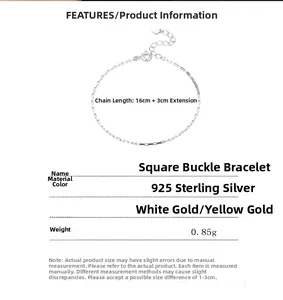 Detailed size specifications for 925 sterling silver square buckle bracelet with 16cm chain