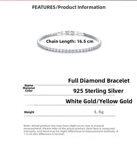 Detailed size and weight specs for a 925 sterling silver full diamond tennis bracelet
