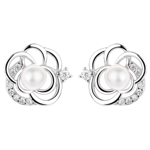 Elegante 925 Sterling Silber Kamelien-Ohrringe mit weißen Perlen und Zirkonia