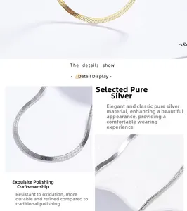 Detail of 925 sterling silver flat snake chain necklaces in silver and gold finishes
