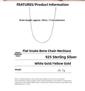 Detailed specs of 925 sterling silver flat snake chain necklace with 39cm length