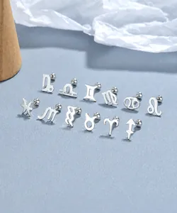 Detailed set of 12 zodiac stud earrings with threaded screw backs on light blue surface