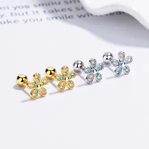 Boucles d'oreilles fleurs en argent 925 avec zircons colorés et fermoir à vis