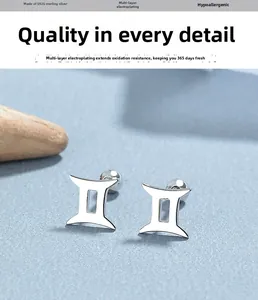 Detail of 925 sterling silver Gemini zodiac stud earrings with polished mirror finish
