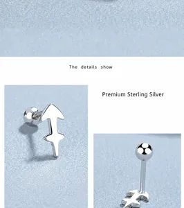 Macro detail of silver Sagittarius arrow stud earring with secure screw ball back closure