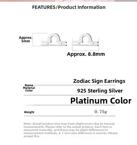 Detailed spec sheet showing 925 sterling silver Libra zodiac stud earrings dimensions