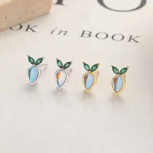 Cute Carrot 925 Sterling Silver Stud Earrings For Women Moonstone Rhinestone Unique Vegetable Shape Fashion Ear Jewelry