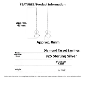 Specifications of 925 sterling silver diamond tassel earrings showing 43mm length and weight