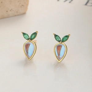 Cute 925 silver carrot stud earrings with moonstone and green zircon leaf details