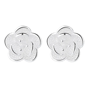 Elegant 925 sterling silver camellia flower stud earrings with textured petal design