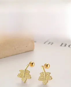 Detailed view of S925 sterling silver maple leaf earring with a secure screw-back design