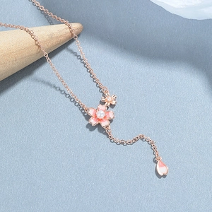 925 Sterling Silver Cherry Blossom Pearl Necklace with elegant rose gold flower tassel