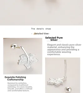 Detail of S925 sterling silver leaf stud earring with secure screw back ball closure
