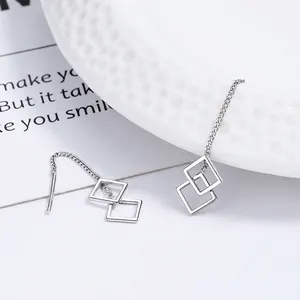 Minimalist 925 Sterling Silver Hollow Rhombus Tassel Ear Threader Earrings For Women Fashion Geometric Long Chain Jewelry