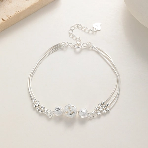 Three-layer 990 silver bracelet with frosted lucky beads and adjustable heart charm