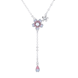 925 silver cherry blossom necklace with pink enamel petals and a white pearl accent