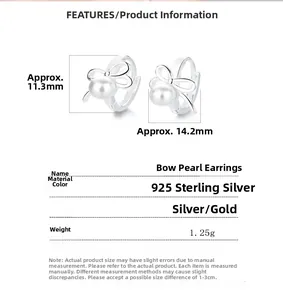 Detailansicht der 925 Sterling Silber Schleife Perlenohrringe mit genauen Maßen