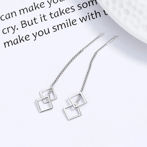 Elegant 925 sterling silver geometric square tassel pull-through earrings for women